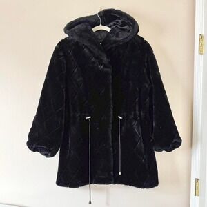 90 Donny Brook Black Faux Fur Coat with Hood Cinch Waist Drawstring Peplum Small